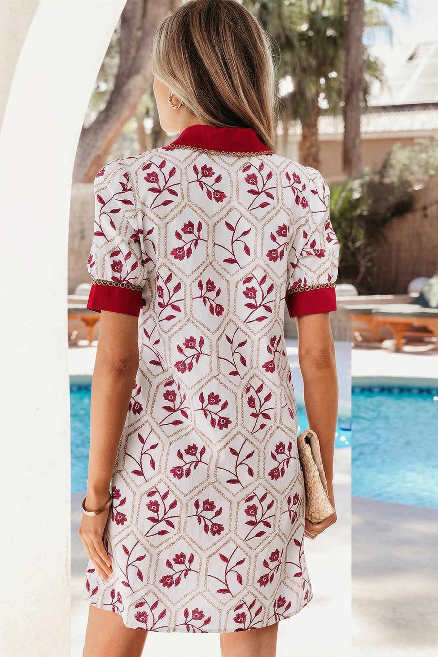 Red & White Floral Lattice Polo Mini Dress