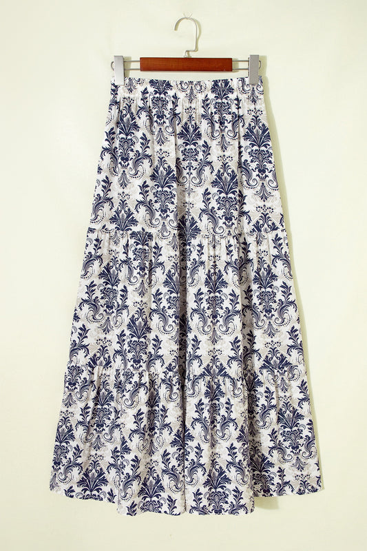 Blue Damask Floral High-Waist Maxi Skirt