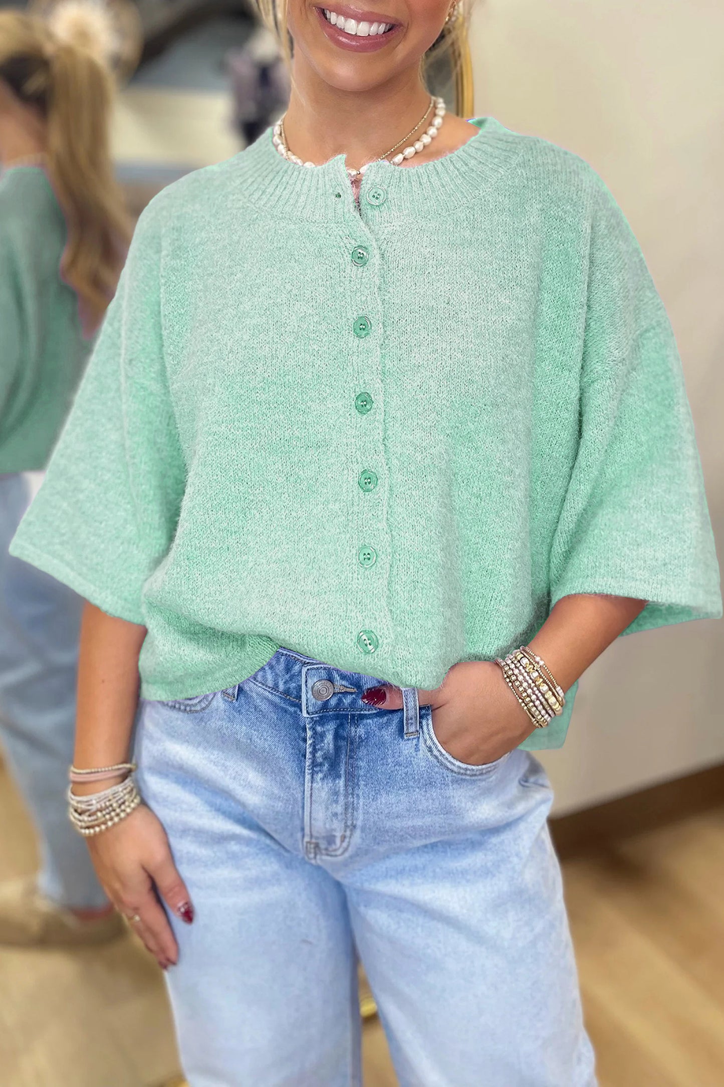 Beau Blue 3/4 Sleeve Boxy Knit Button Down Sweater Cardigan