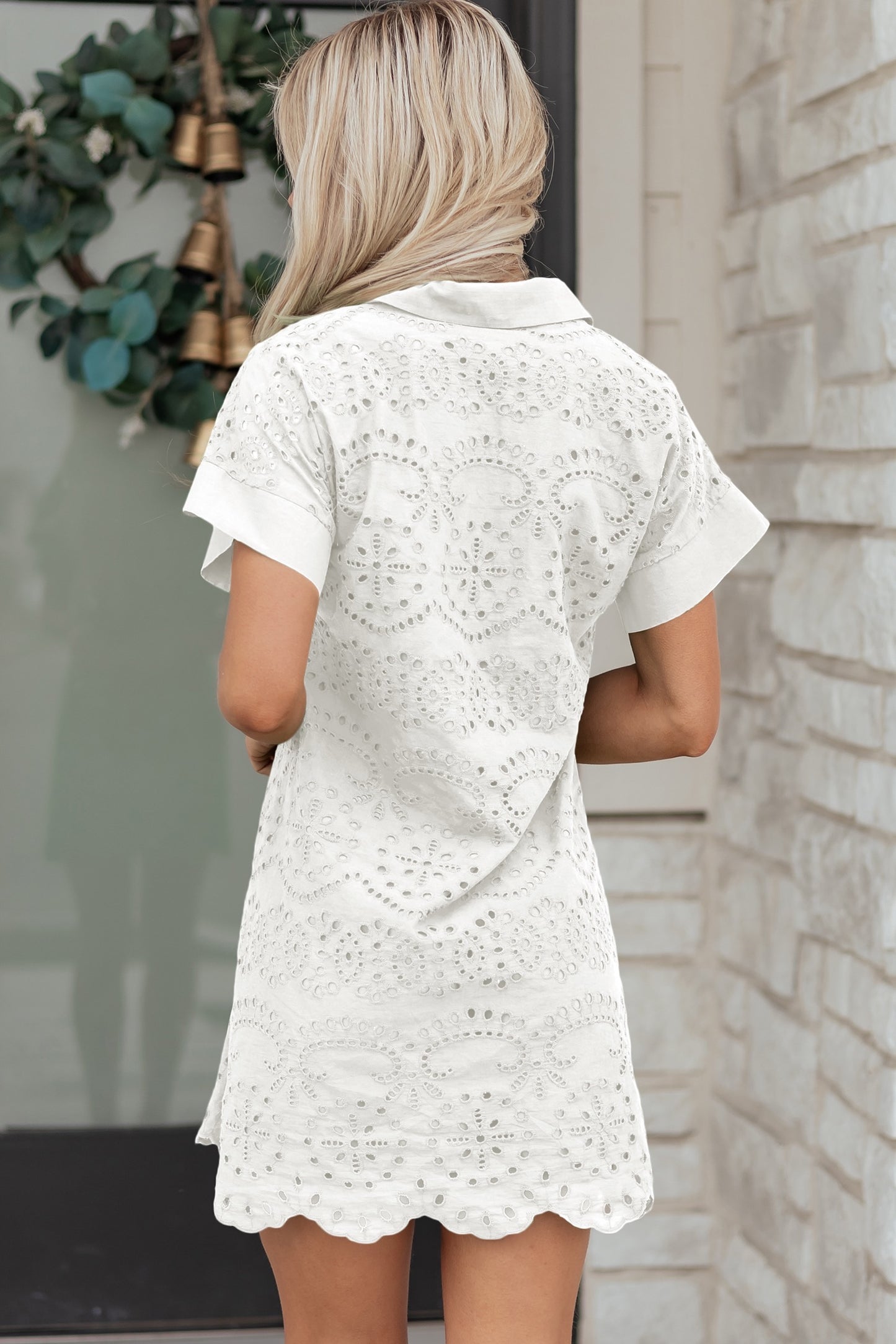 White Eyelet Collared Mini Dress