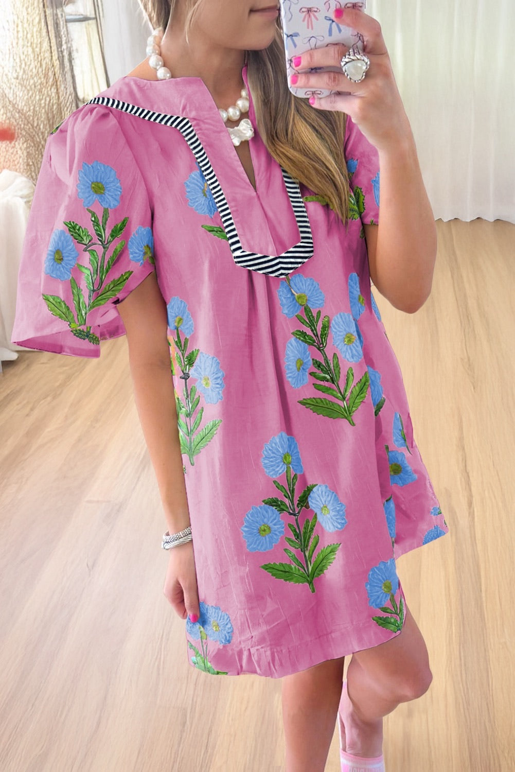 Pink Garden Floral Puff Sleeve Mini Dress