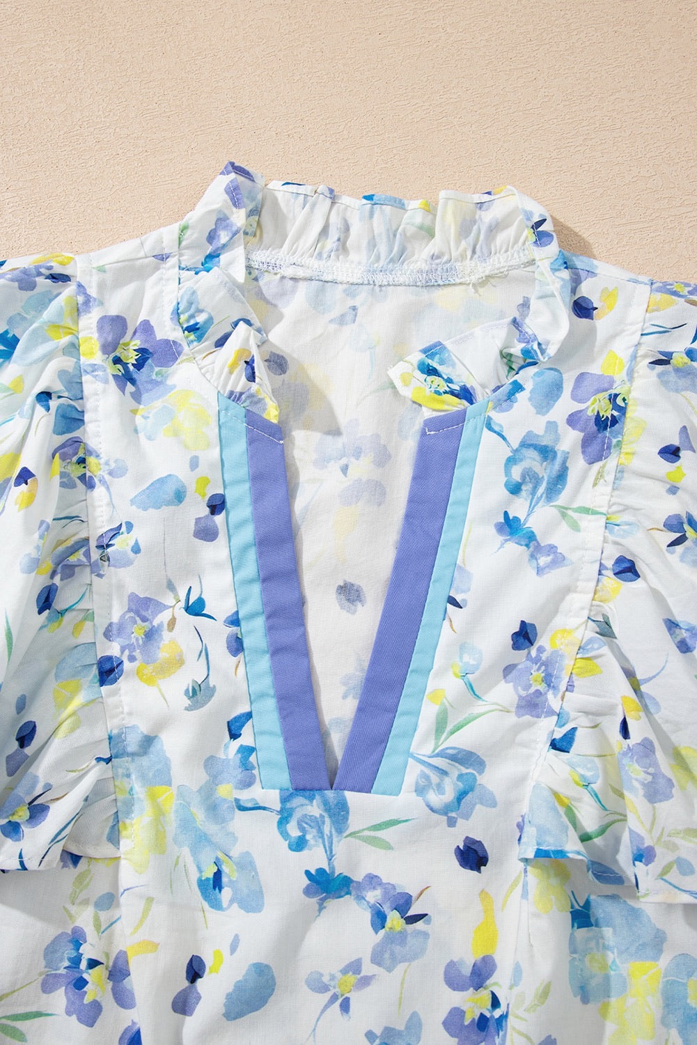 Blue & Yellow Floral Flutter Sleeve Top