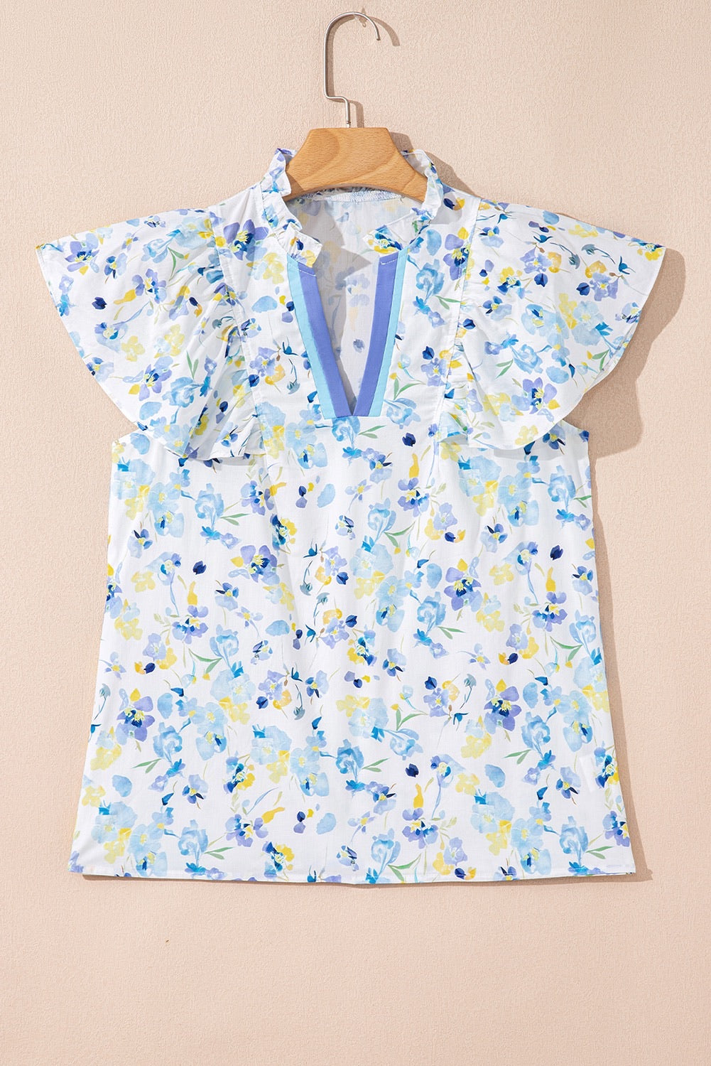 Blue & Yellow Floral Flutter Sleeve Top