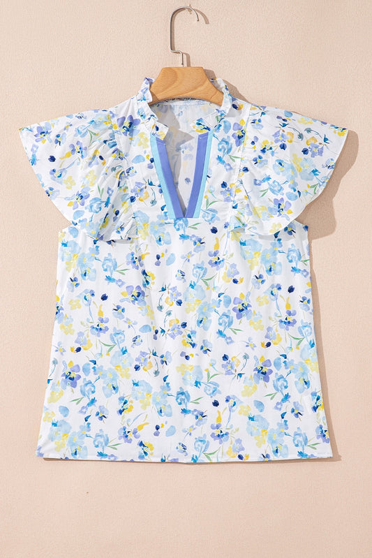 Blue & Yellow Floral Flutter Sleeve Top