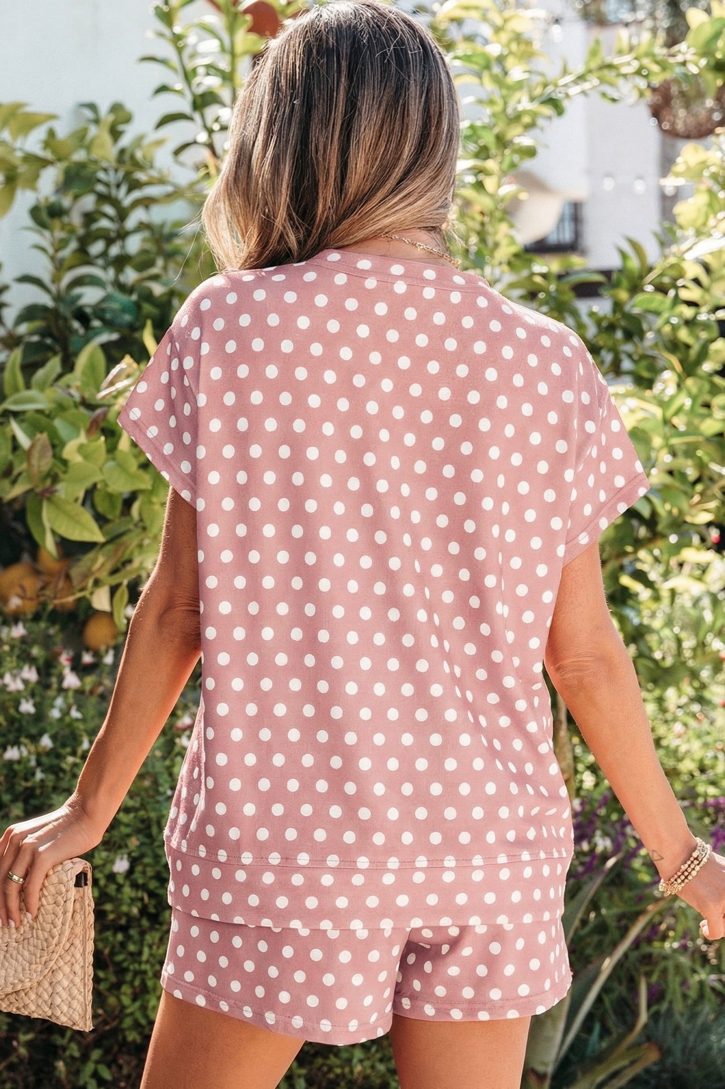 Mauve Pink Polka Dot Two-Piece Shorts Set