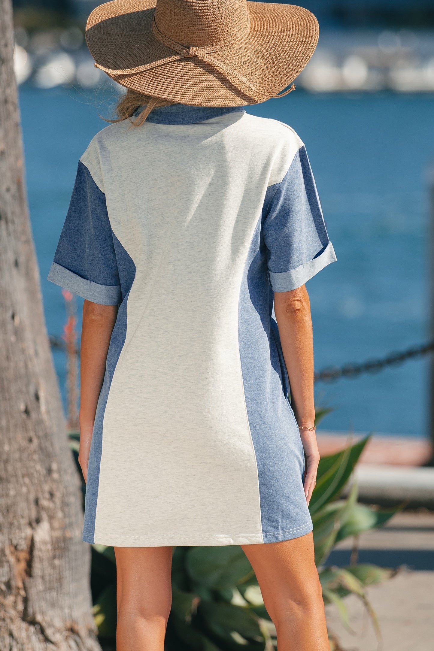 Denim Colorblock Button-Front Mini Dress