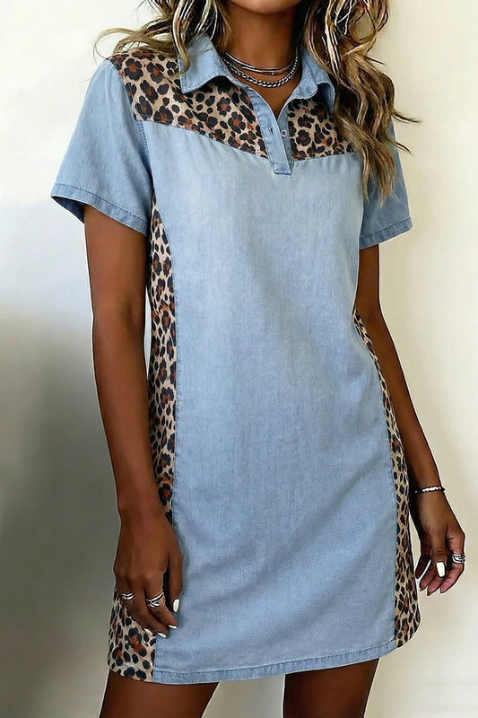 Leopard Colorblock Denim Mini Dress
