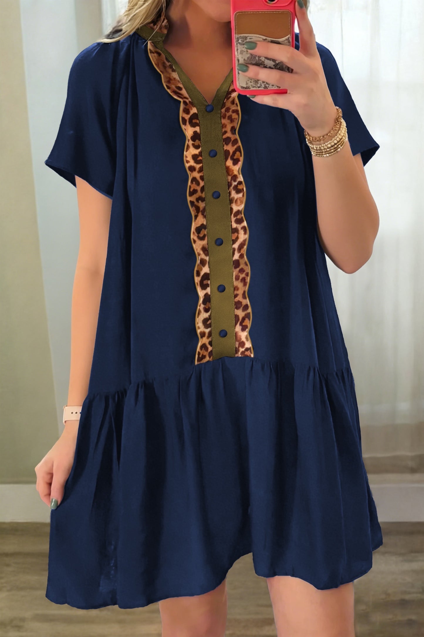 Navy Blue Leopard Trim Button Front Tiered Mini Dress