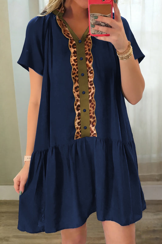 Navy Blue Leopard Trim Button Front Tiered Mini Dress