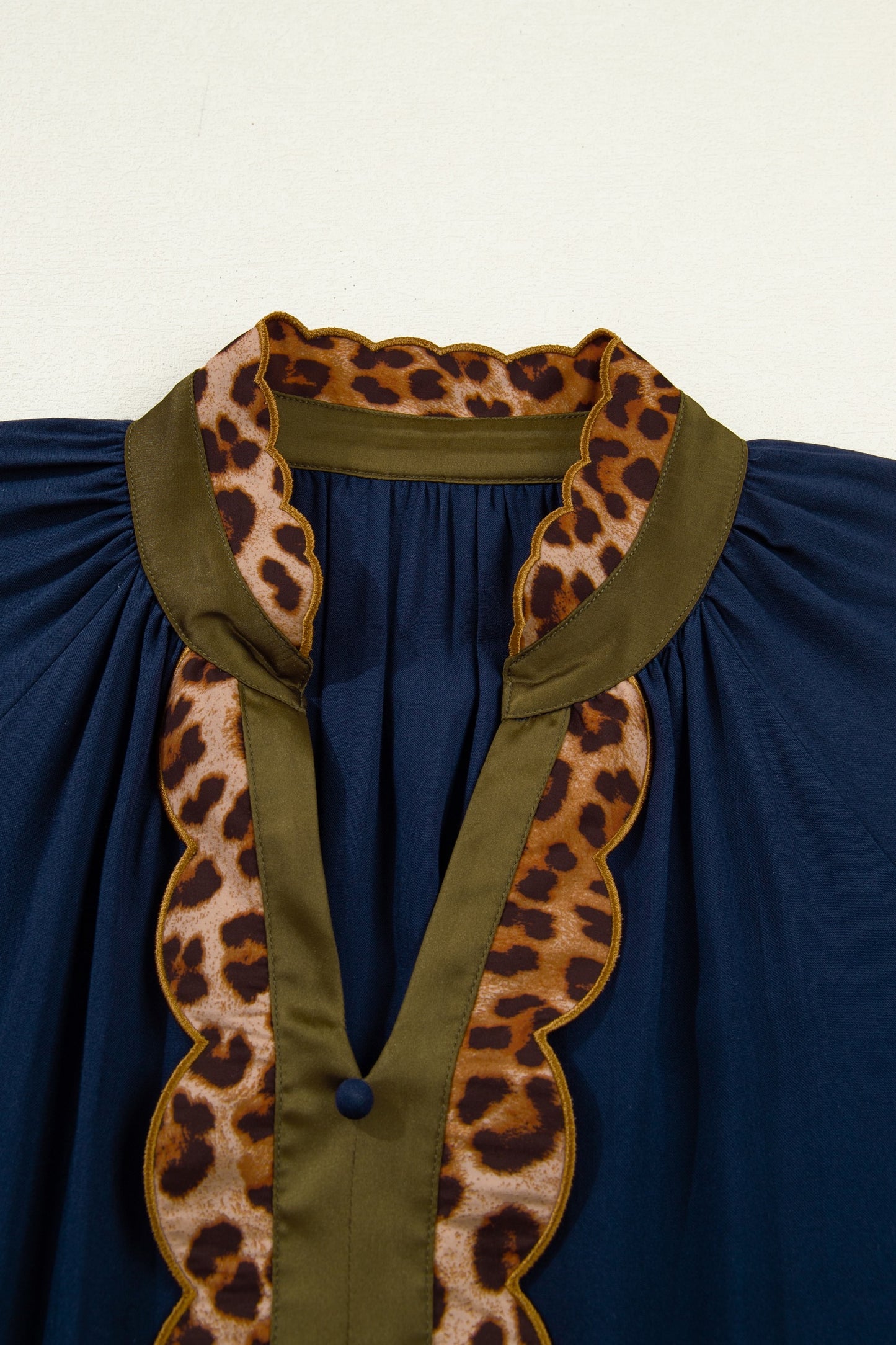 Navy Blue Leopard Trim Button Front Tiered Mini Dress