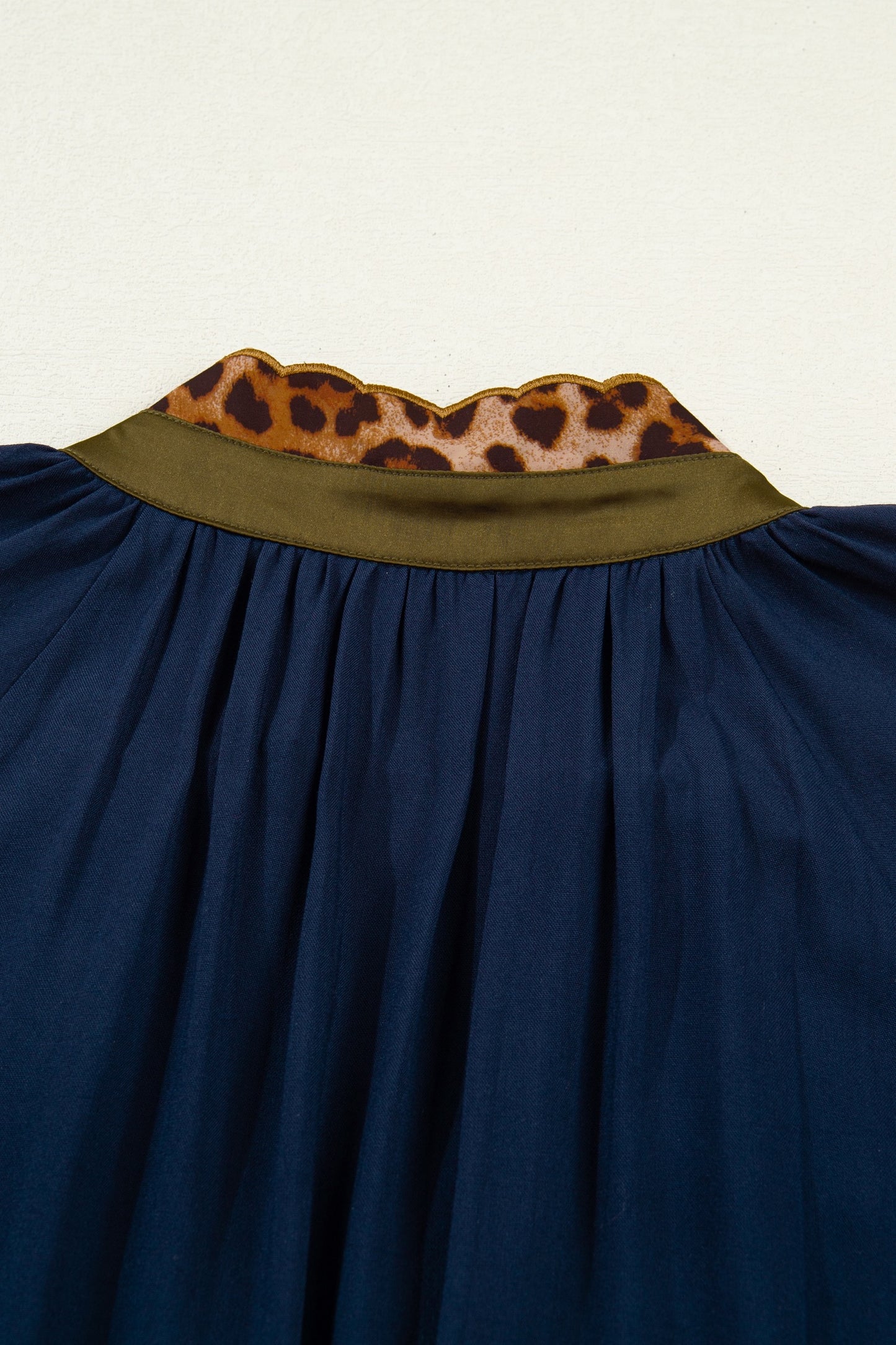 Navy Blue Leopard Trim Button Front Tiered Mini Dress