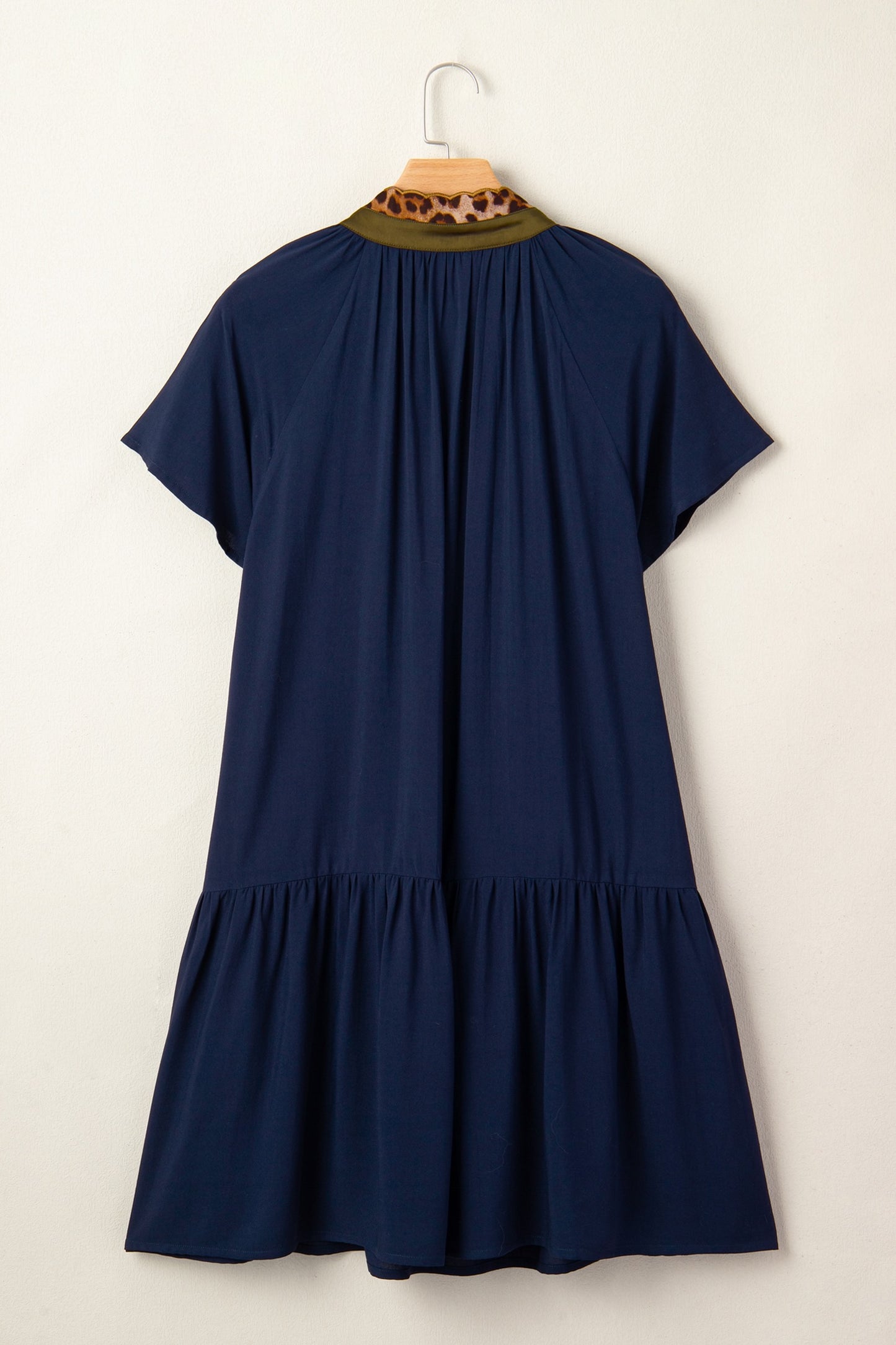 Navy Blue Leopard Trim Button Front Tiered Mini Dress