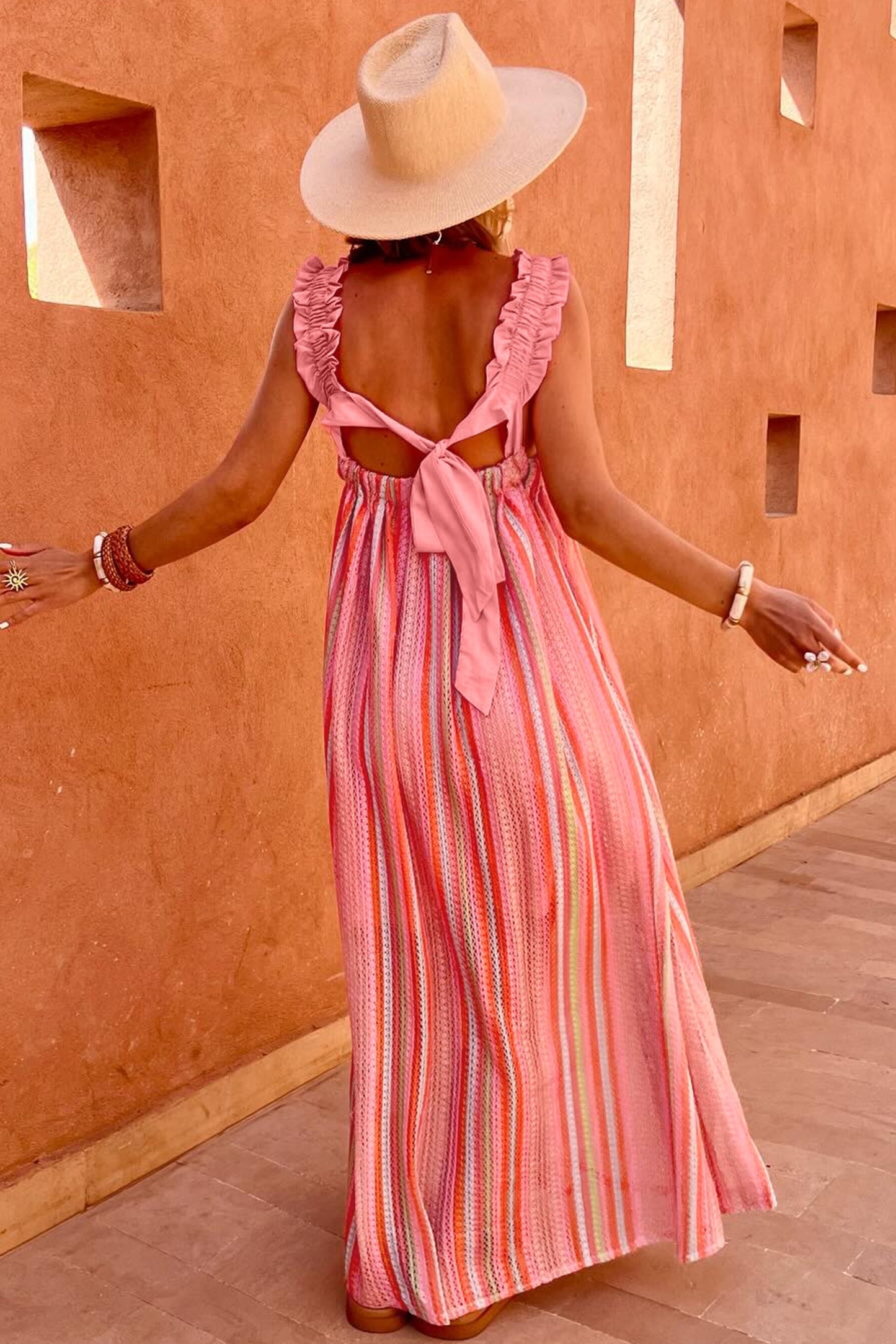 Open Back Pink Striped Maxi Dress
