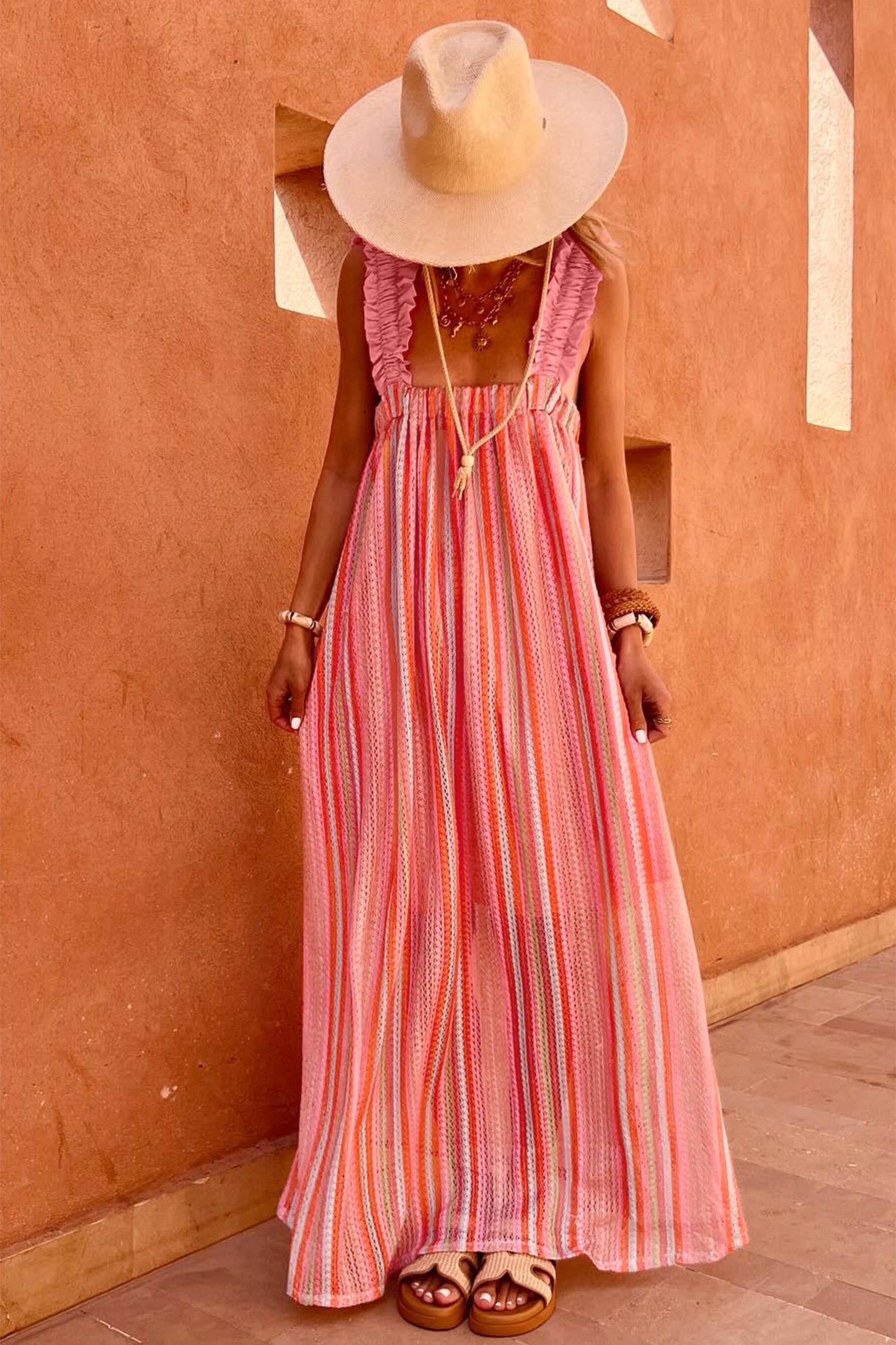 Open Back Pink Striped Maxi Dress