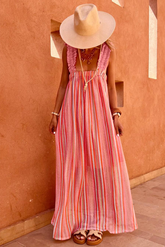 Open Back Pink Striped Maxi Dress
