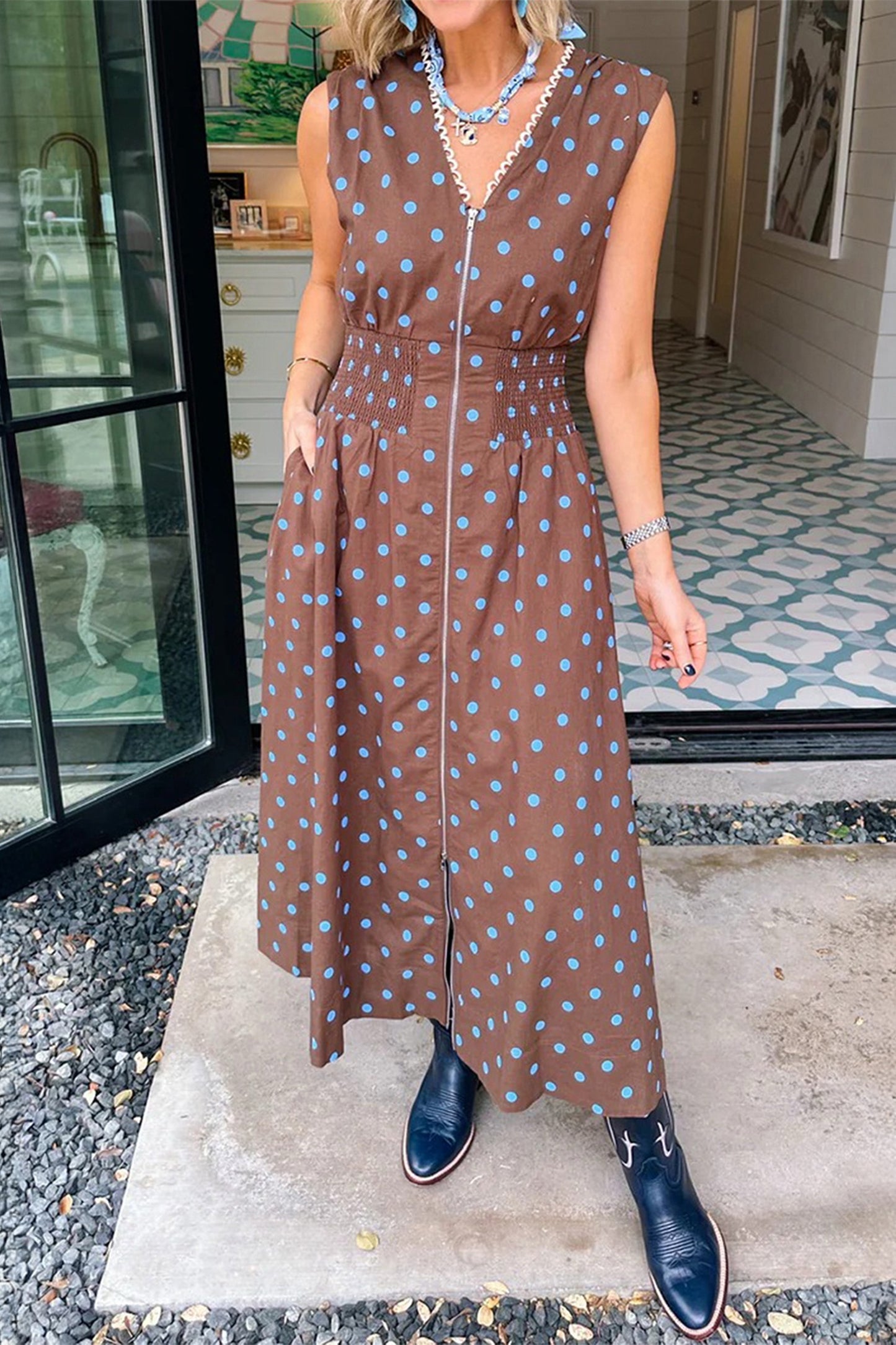 Retro Polka Dot Zip-Up Maxi Dress