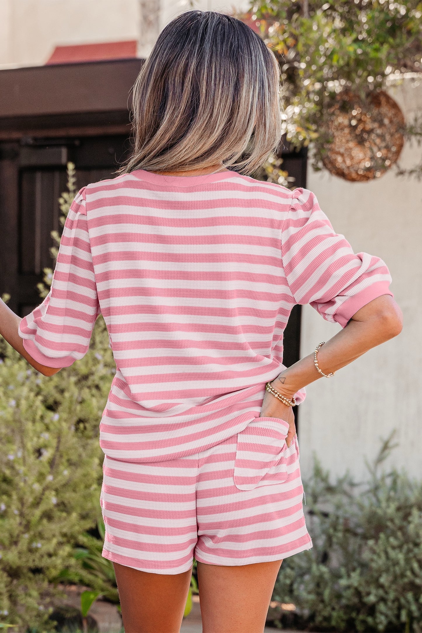 Pink & White Stripe Waffle Two-Piece Lounge Set