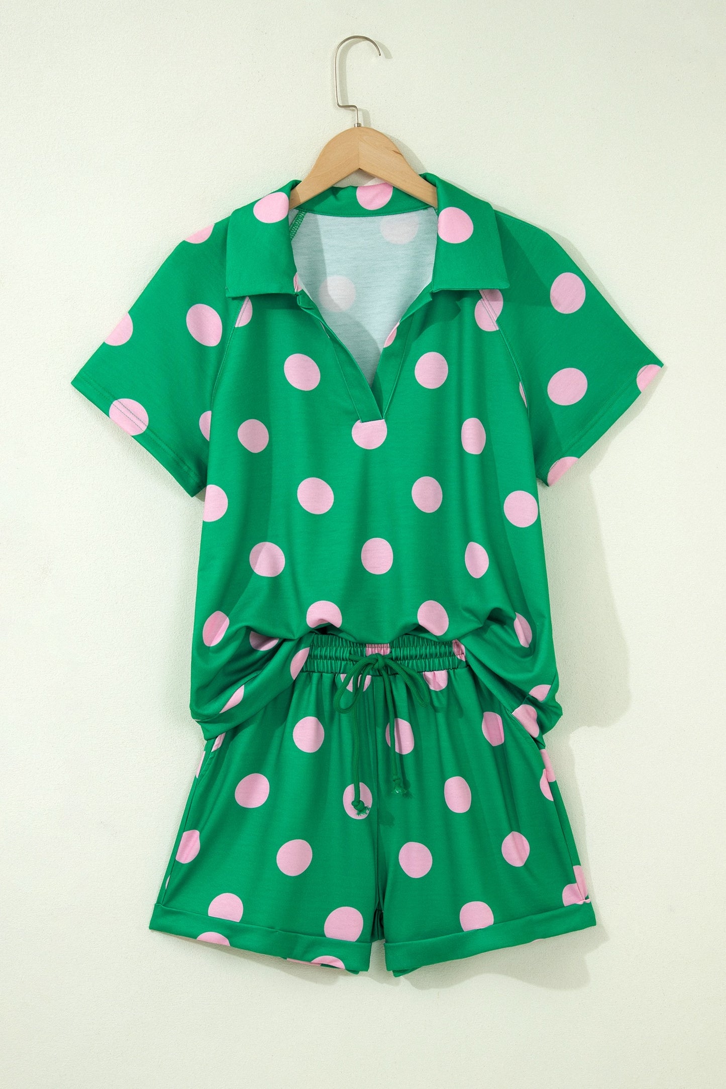 Green & Pink Polka Dot V-Notch Top & Drawstring Shorts Set