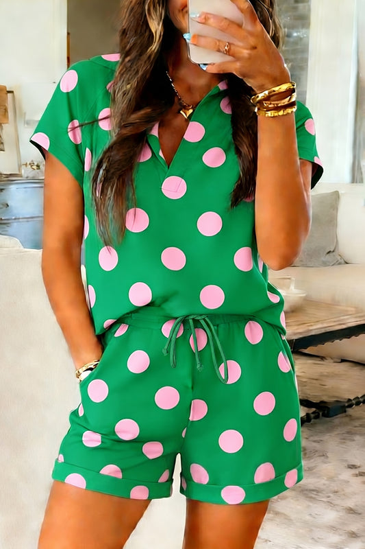 Green & Pink Polka Dot V-Notch Top & Drawstring Shorts Set