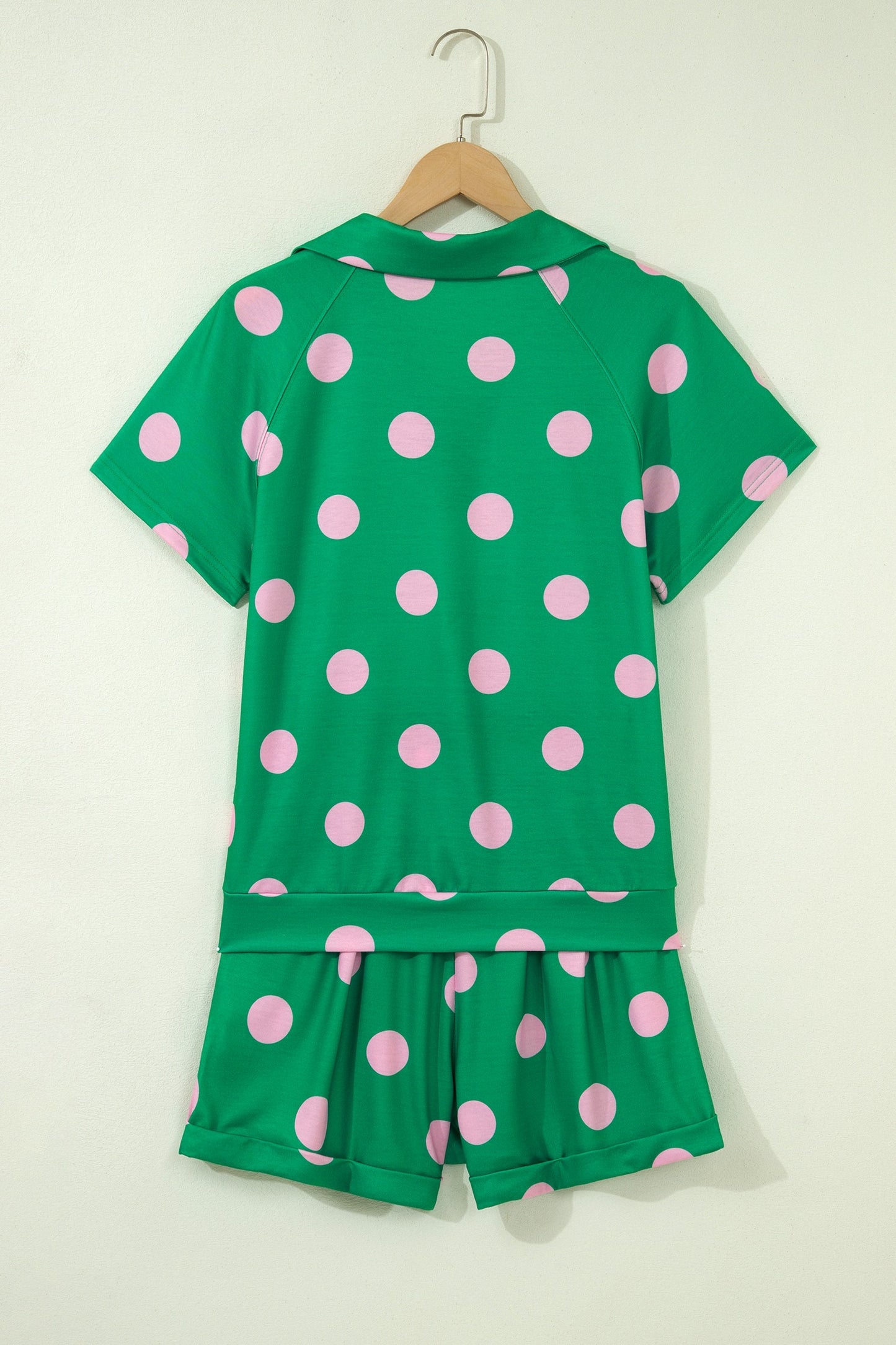 Green & Pink Polka Dot V-Notch Top & Drawstring Shorts Set