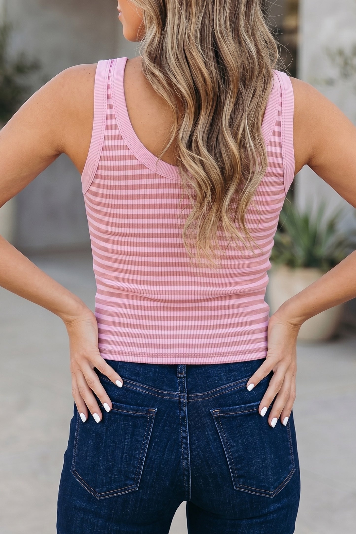 Pink Stripe Fitted Rib Tank Top
