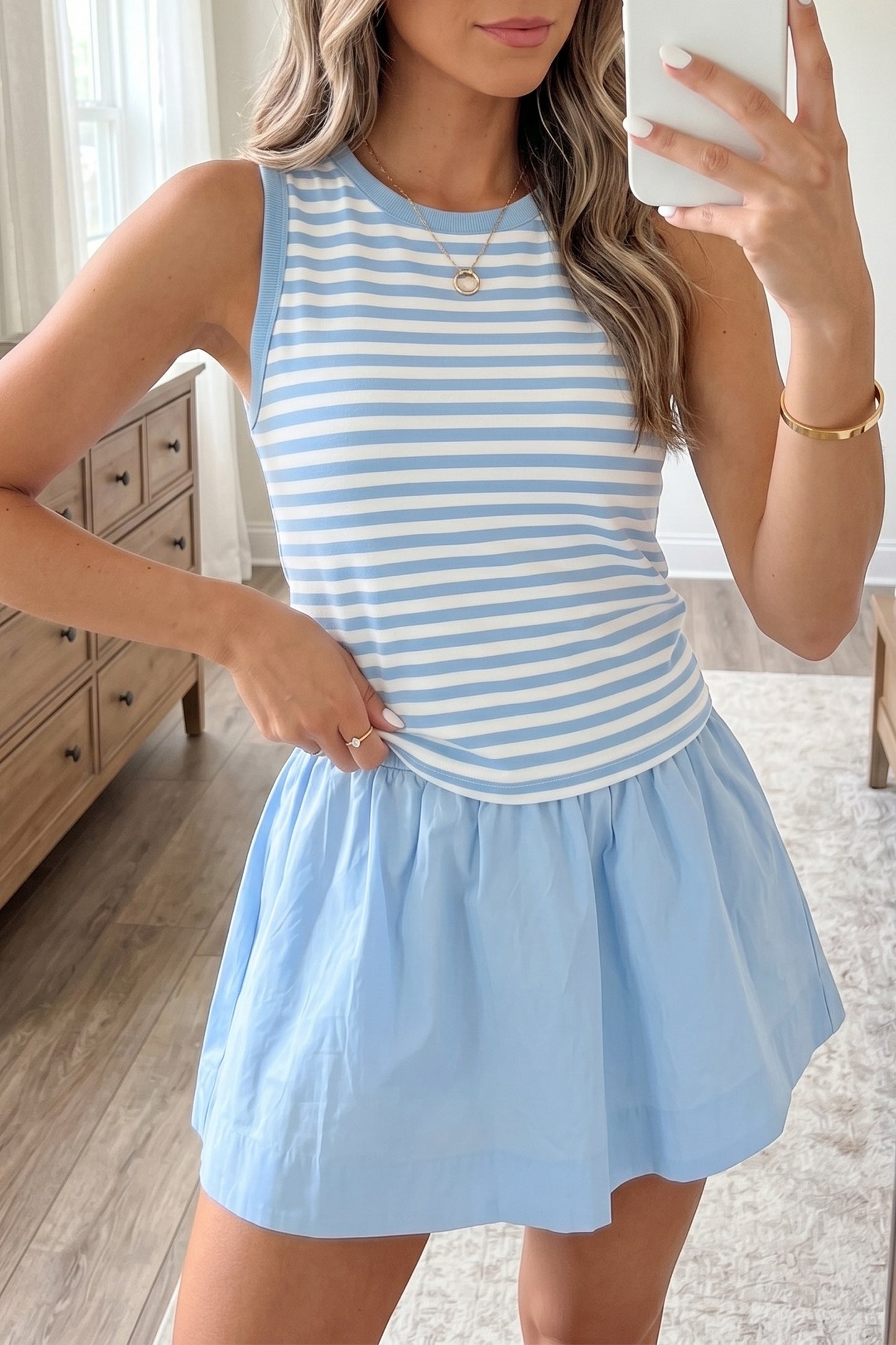 Blue Stripe Ribbed Bodice Mini Dress