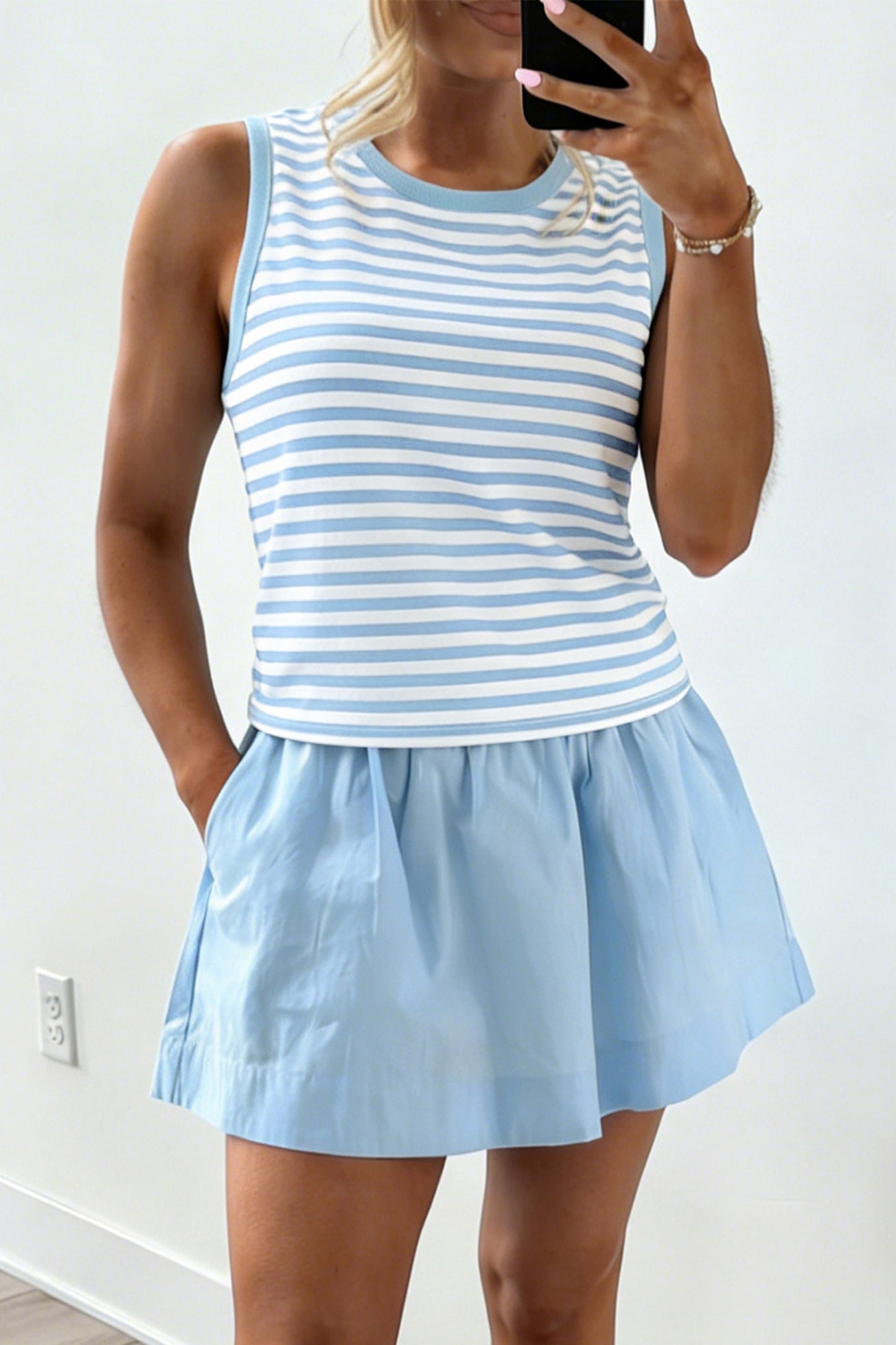 Blue Stripe Ribbed Bodice Mini Dress