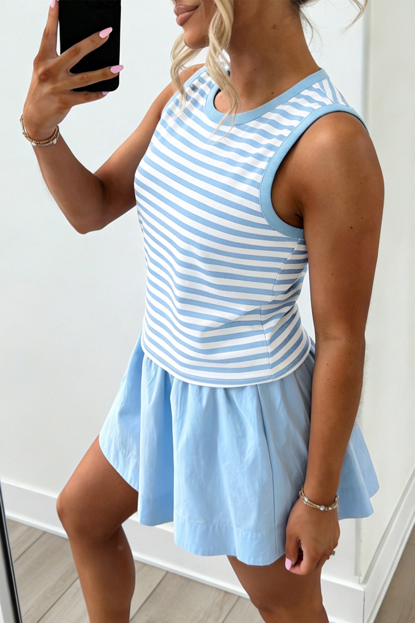 Blue Stripe Ribbed Bodice Mini Dress