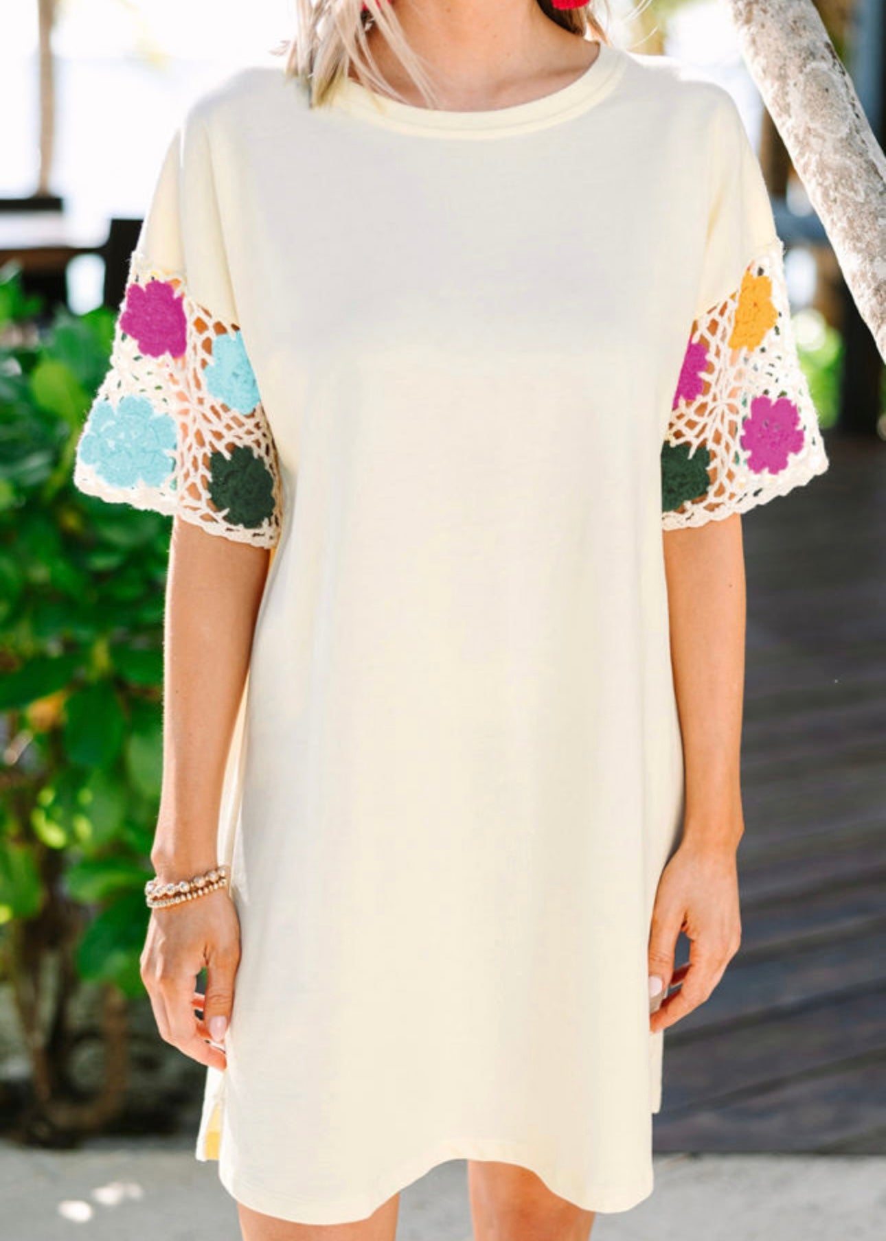 Garden Bloom Crochet‑Sleeve Dress