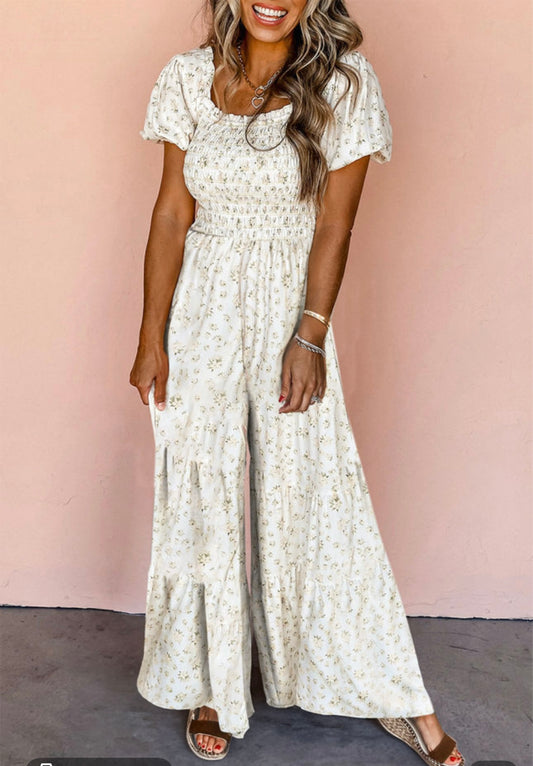 Cream Blossom Smocked Jumpsuit