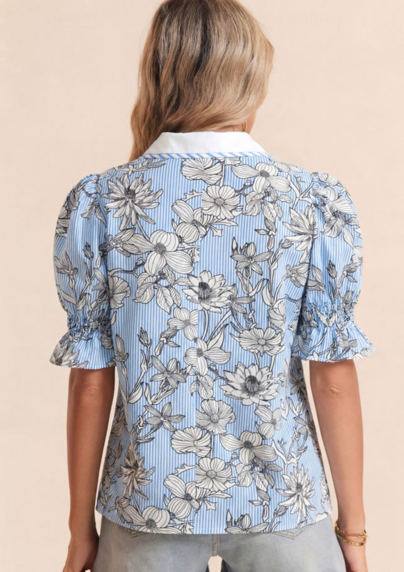 Blue Bloom Striped V‑Neck Top