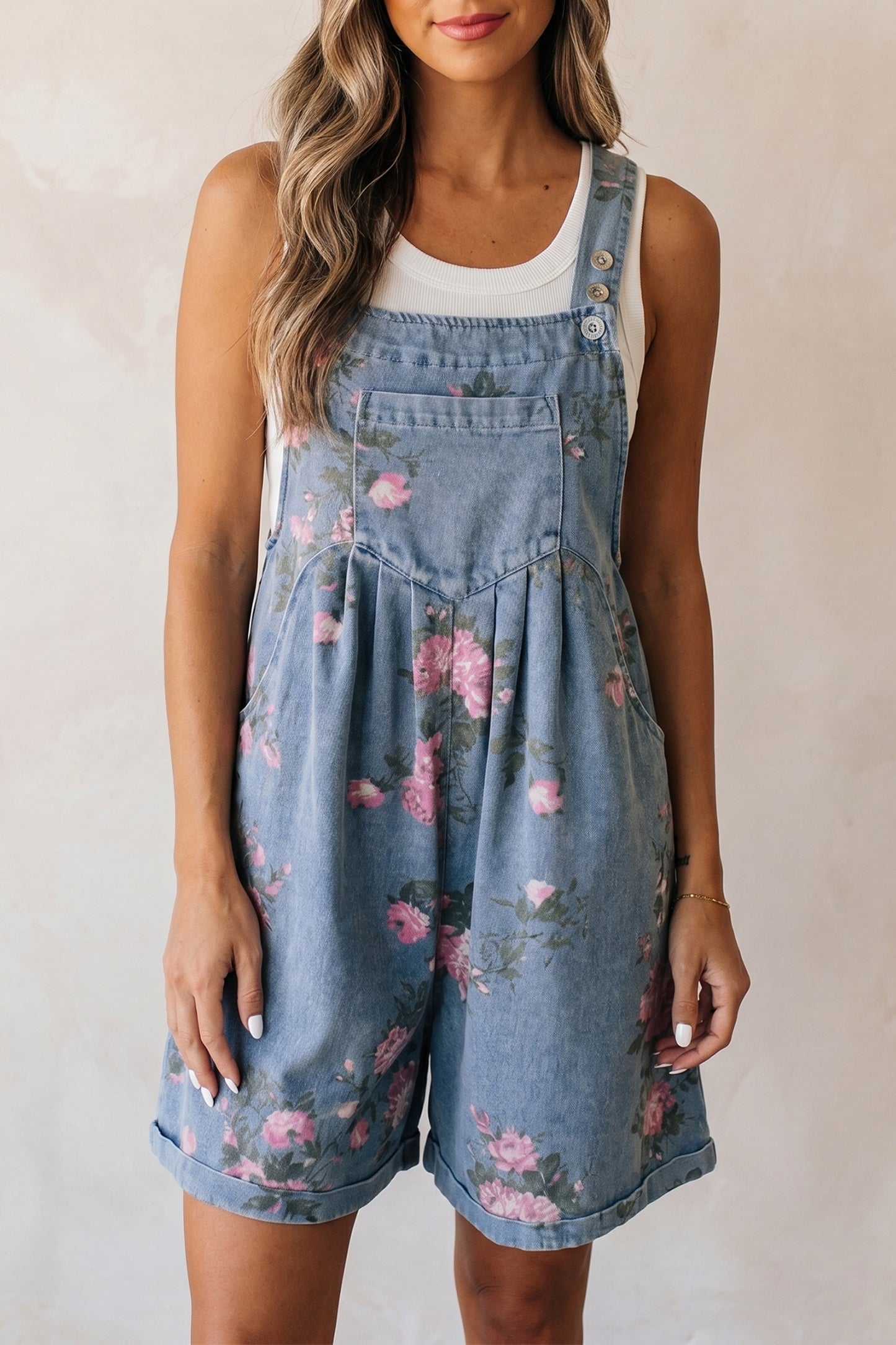 Embroidered Denim Overall Shorts