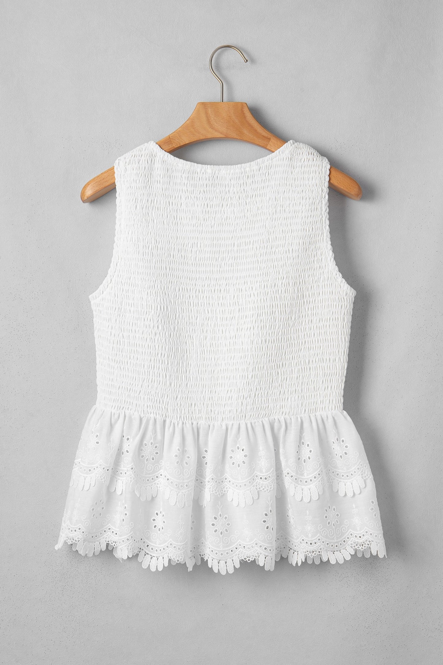 White Smocked Eyelet Lace Peplum Tank Top