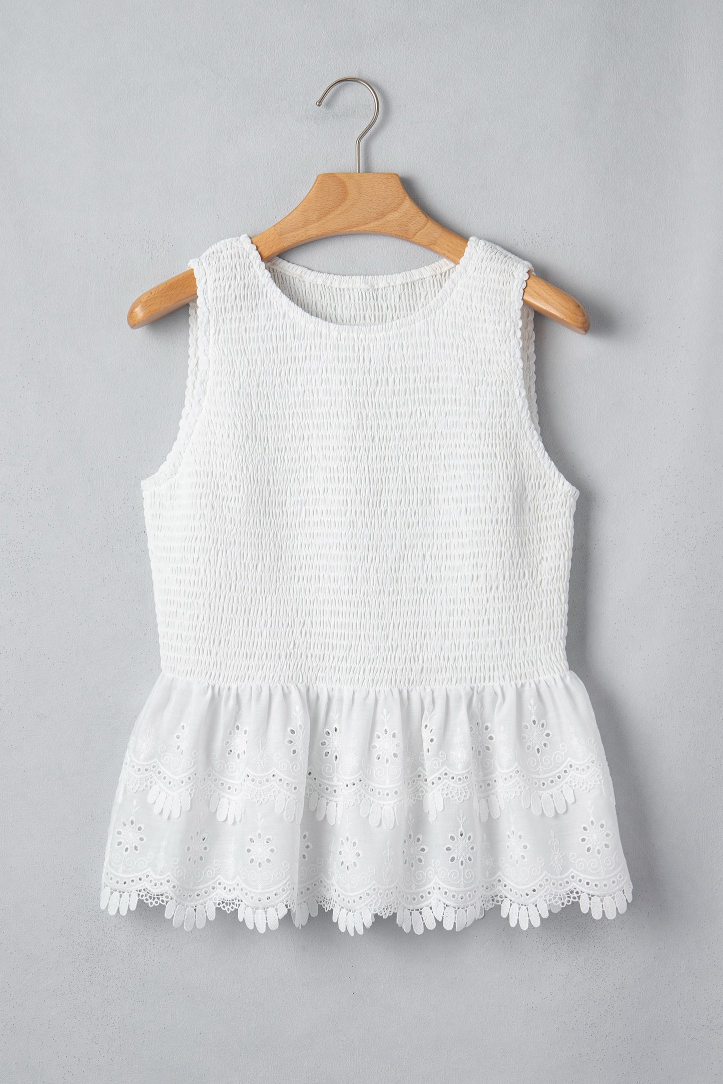 White Smocked Eyelet Lace Peplum Tank Top