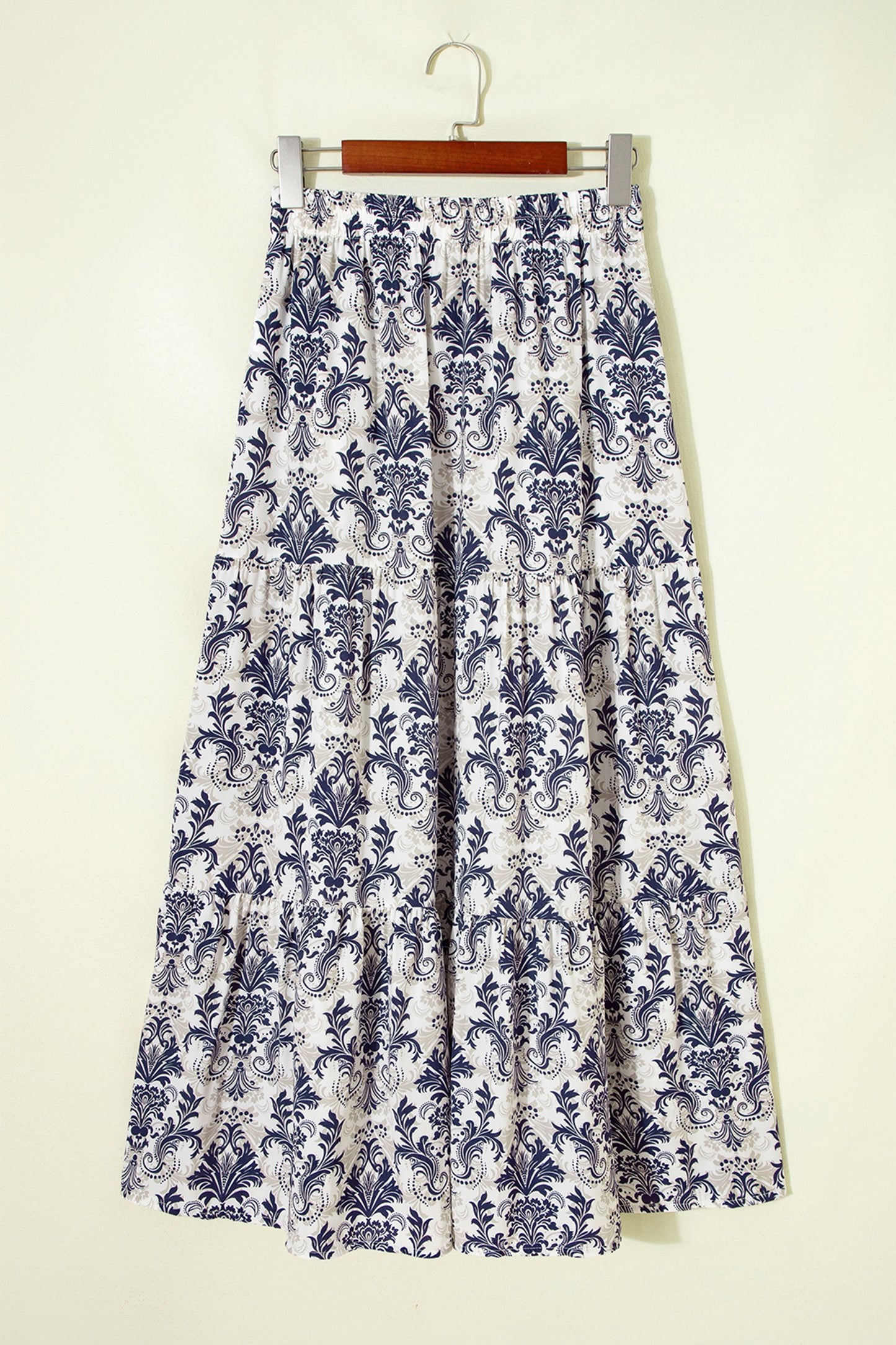 Blue Damask Floral High-Waist Maxi Skirt