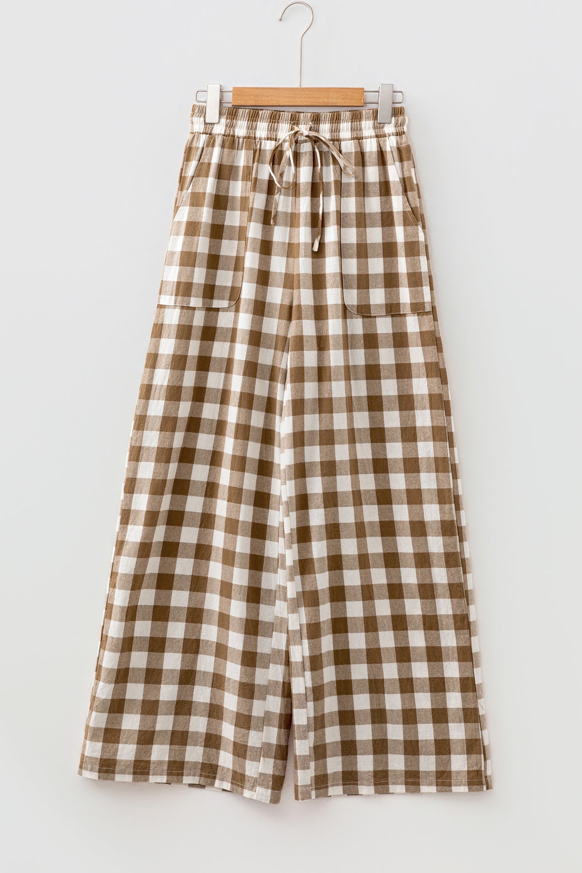 Brown Gingham Plaid Tie Elastic Waist Shift Pants